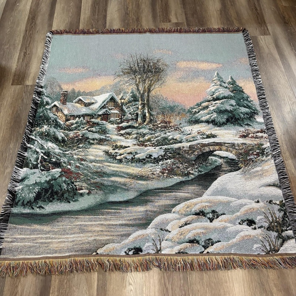 Mohawk Home Vintage Tapestry Throw Blanket Winter Scene Cabin in Woods 56x48"